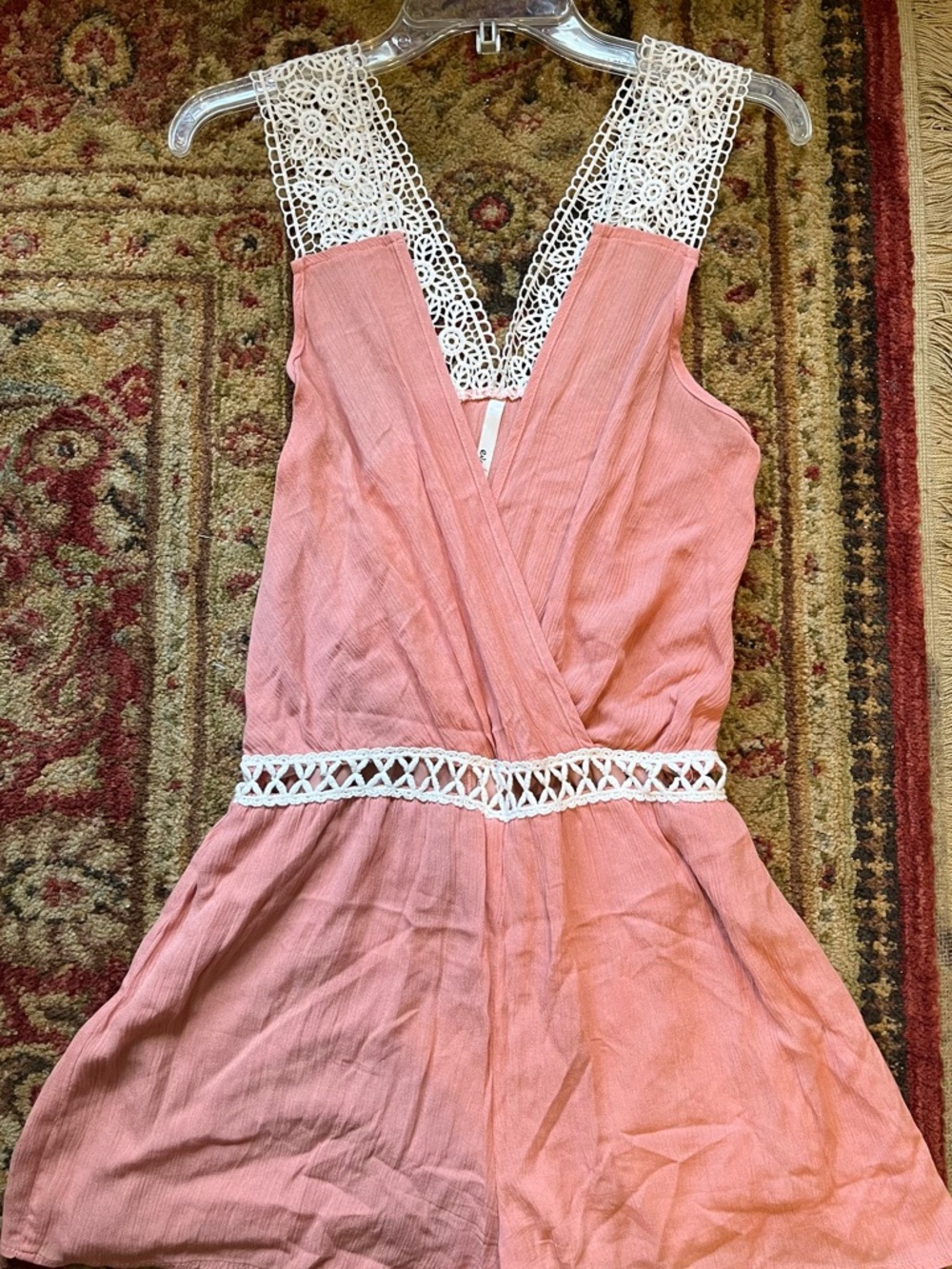 Lace-Trim Pink Romper with Crochet Waist